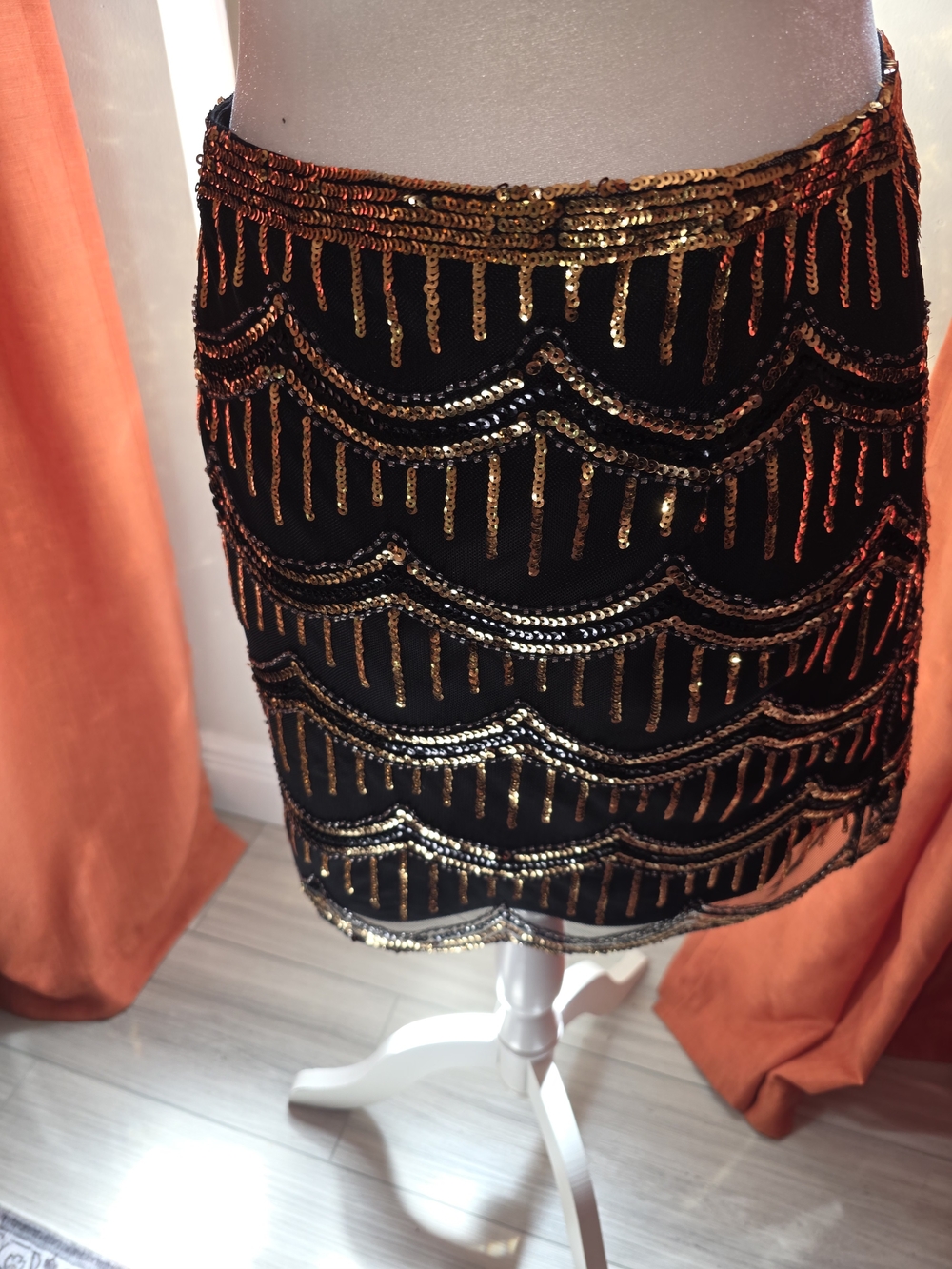 Gianni Bini Black Mini Skirt with Gold Sequin Fringe